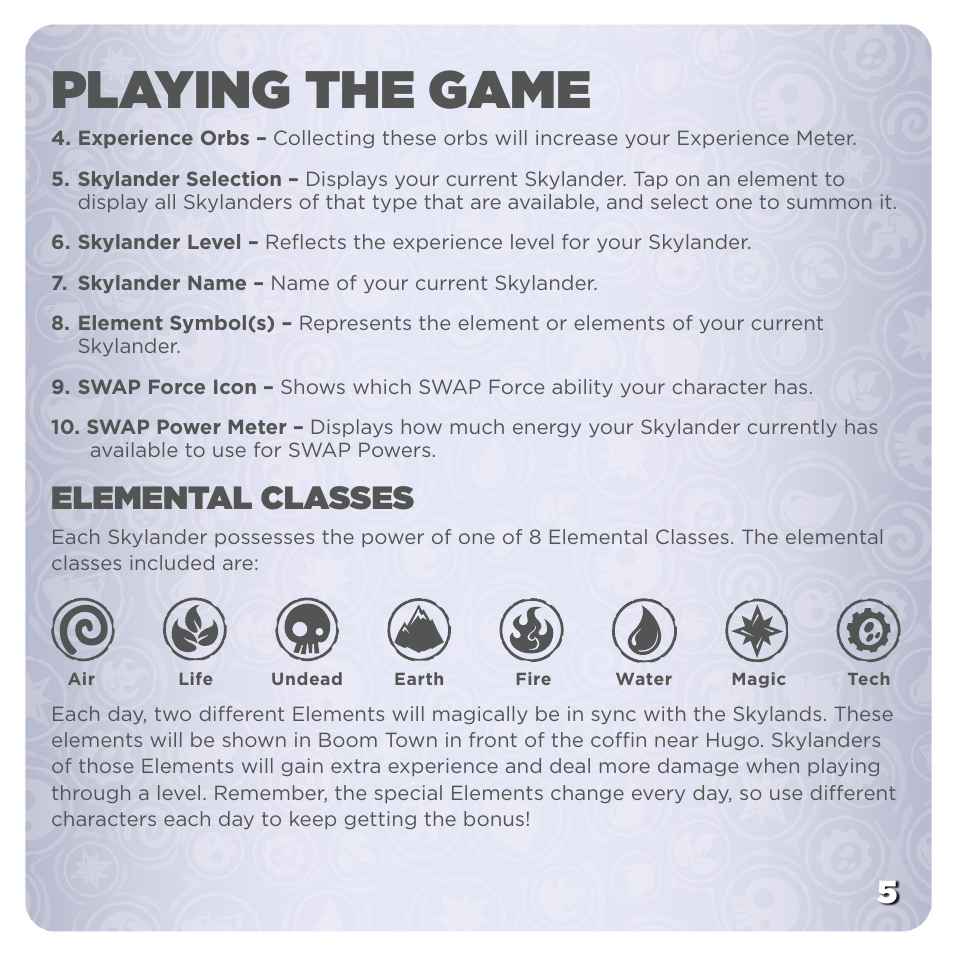 Playing the game, Elemental classes | Activision Skylanders SWAP Force User Manual | Page 9 / 12