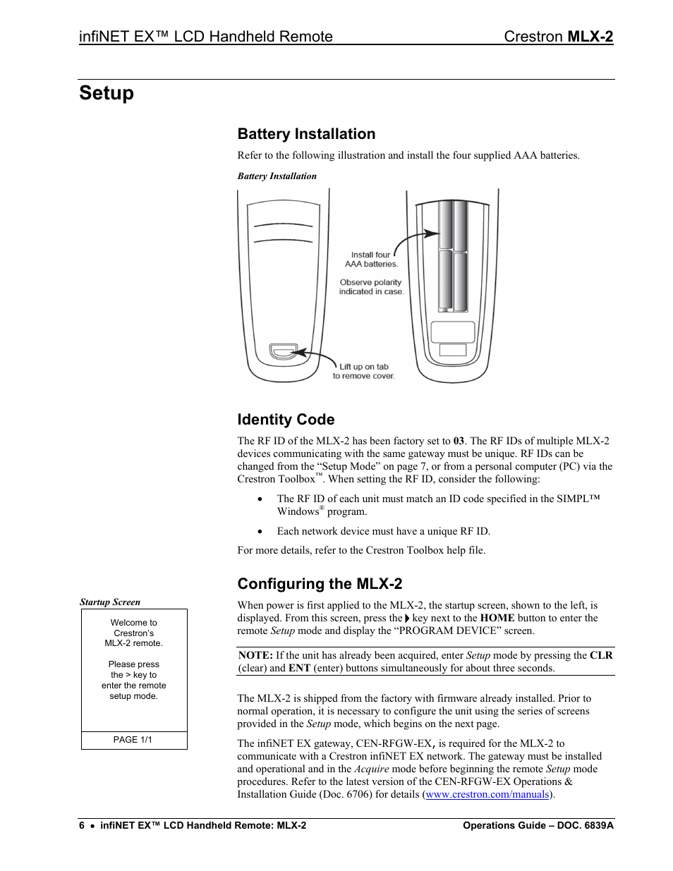 Setup, Battery installation, Identity code | Configuring the mlx-2, Infinet ex™ lcd handheld remote crestron mlx-2 | Crestron electronic infiNET EX MLX-2 User Manual | Page 10 / 28