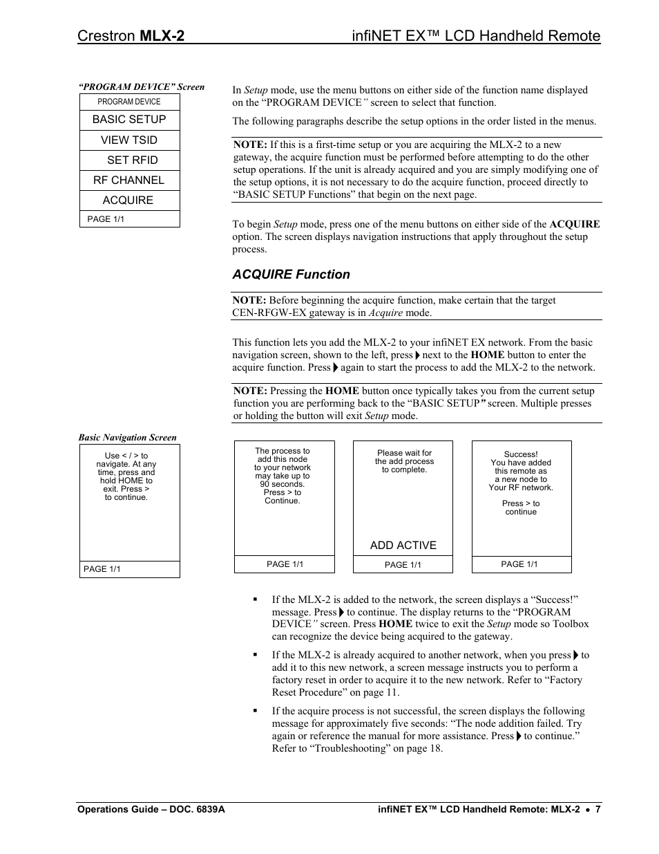 Crestron mlx-2 infinet ex™ lcd handheld remote, Acquire function | Crestron electronic infiNET EX MLX-2 User Manual | Page 11 / 28