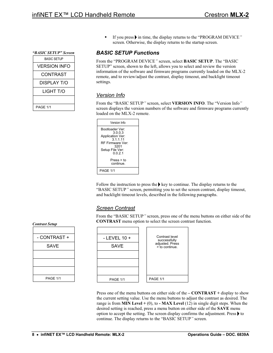 Basic setup functions, Infinet ex™ lcd handheld remote crestron mlx-2, Version info | Screen contrast | Crestron electronic infiNET EX MLX-2 User Manual | Page 12 / 28