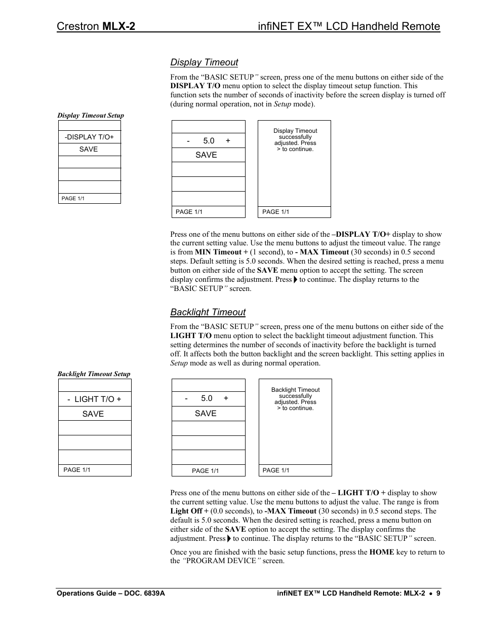Crestron mlx-2 infinet ex™ lcd handheld remote, Display timeout, Backlight timeout | Crestron electronic infiNET EX MLX-2 User Manual | Page 13 / 28