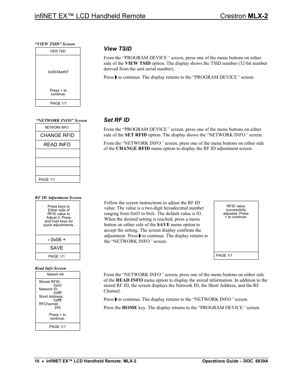 Infinet ex™ lcd handheld remote crestron mlx-2, View tsid, Set rf id | Crestron electronic infiNET EX MLX-2 User Manual | Page 14 / 28