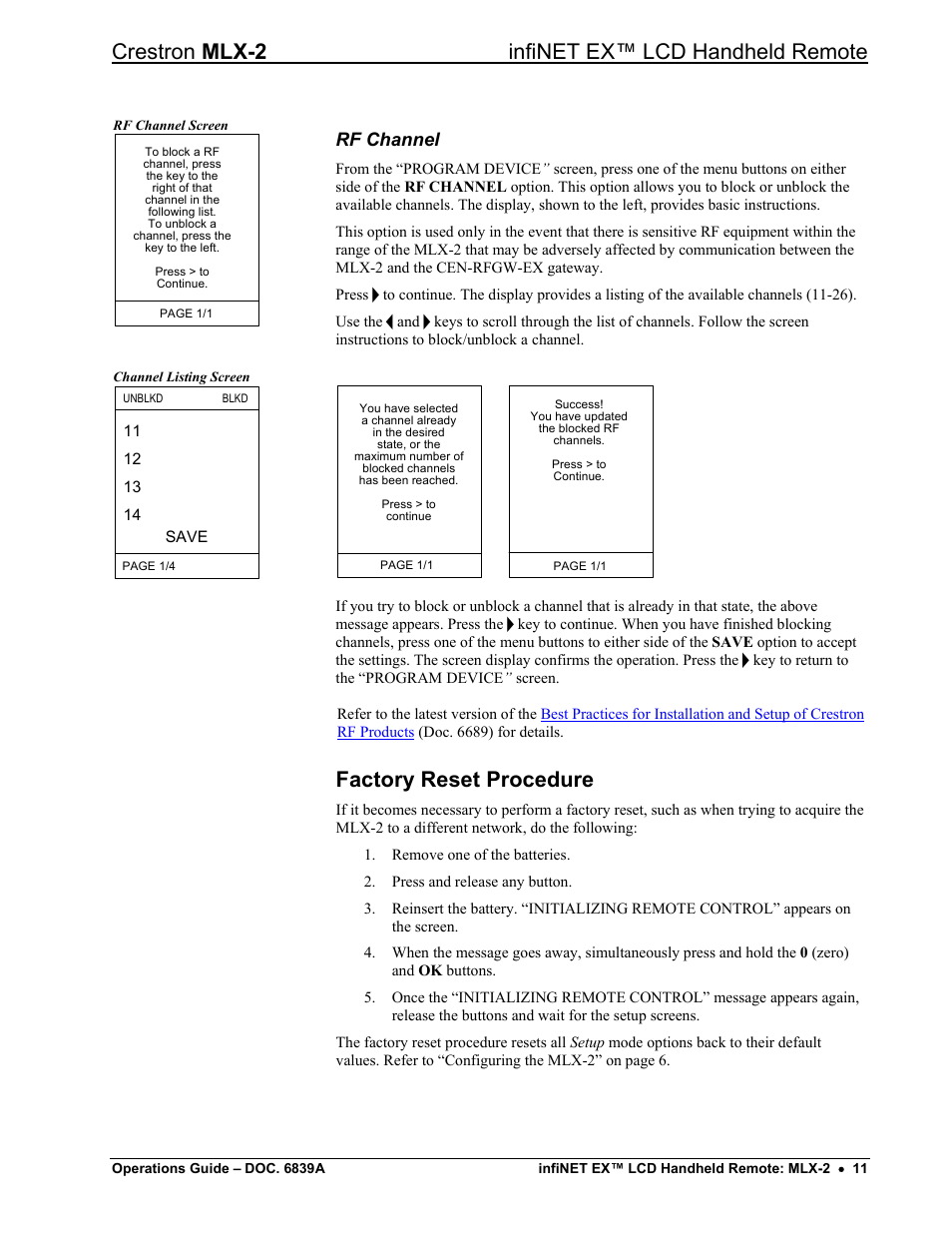 Factory reset procedure, Factory reset procedure” o, Crestron mlx-2 infinet ex™ lcd handheld remote | Rf channel | Crestron electronic infiNET EX MLX-2 User Manual | Page 15 / 28