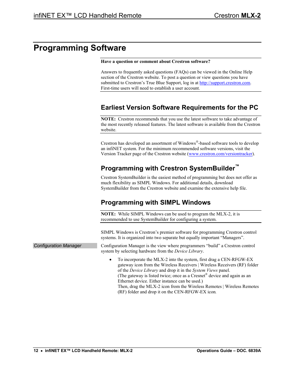 Programming software, Earliest version software requirements for the pc, Programming with crestron systembuilder | Programming with simpl windows, Infinet ex™ lcd handheld remote crestron mlx-2 | Crestron electronic infiNET EX MLX-2 User Manual | Page 16 / 28