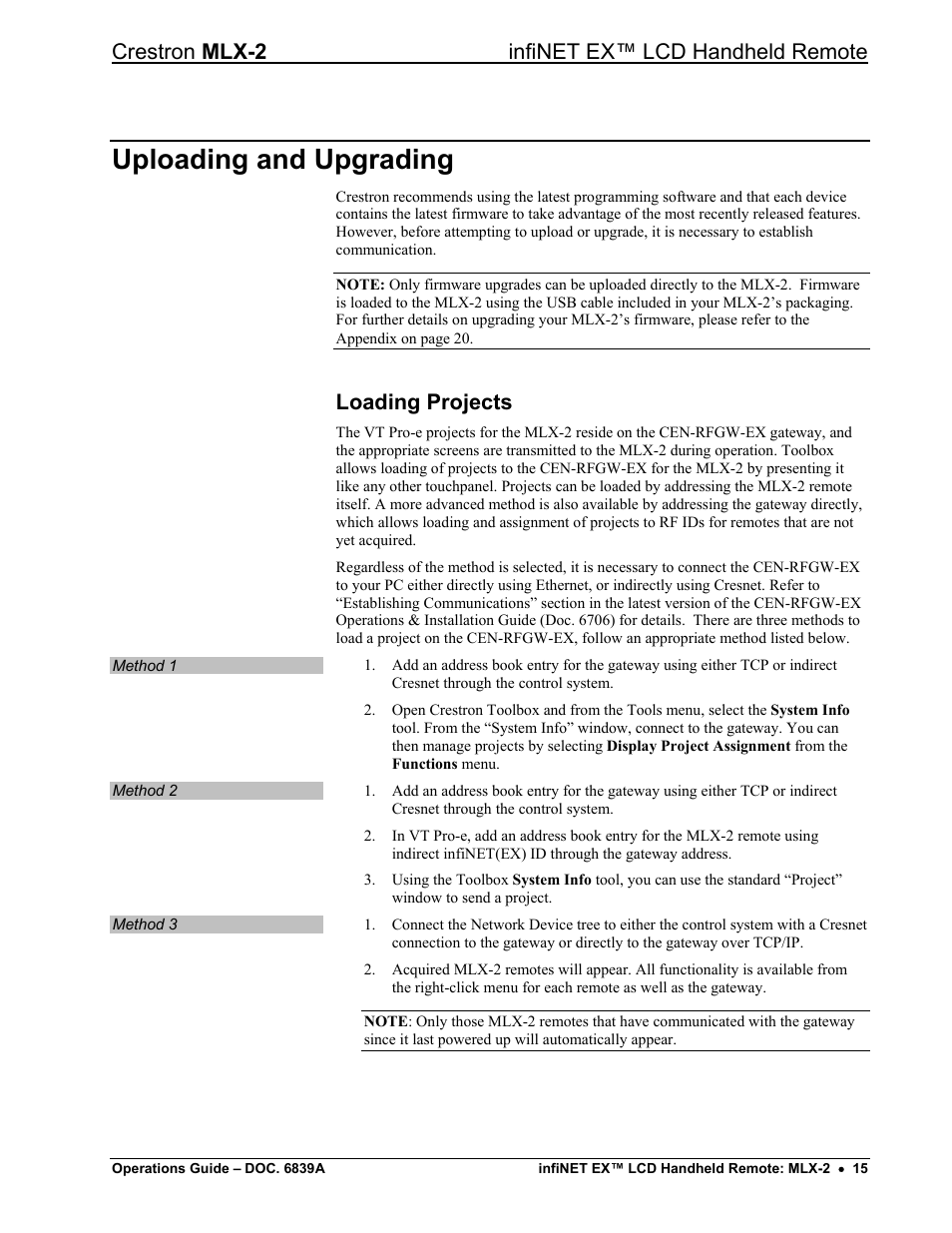 Uploading and upgrading, Loading projects, Crestron mlx-2 infinet ex™ lcd handheld remote | Crestron electronic infiNET EX MLX-2 User Manual | Page 19 / 28