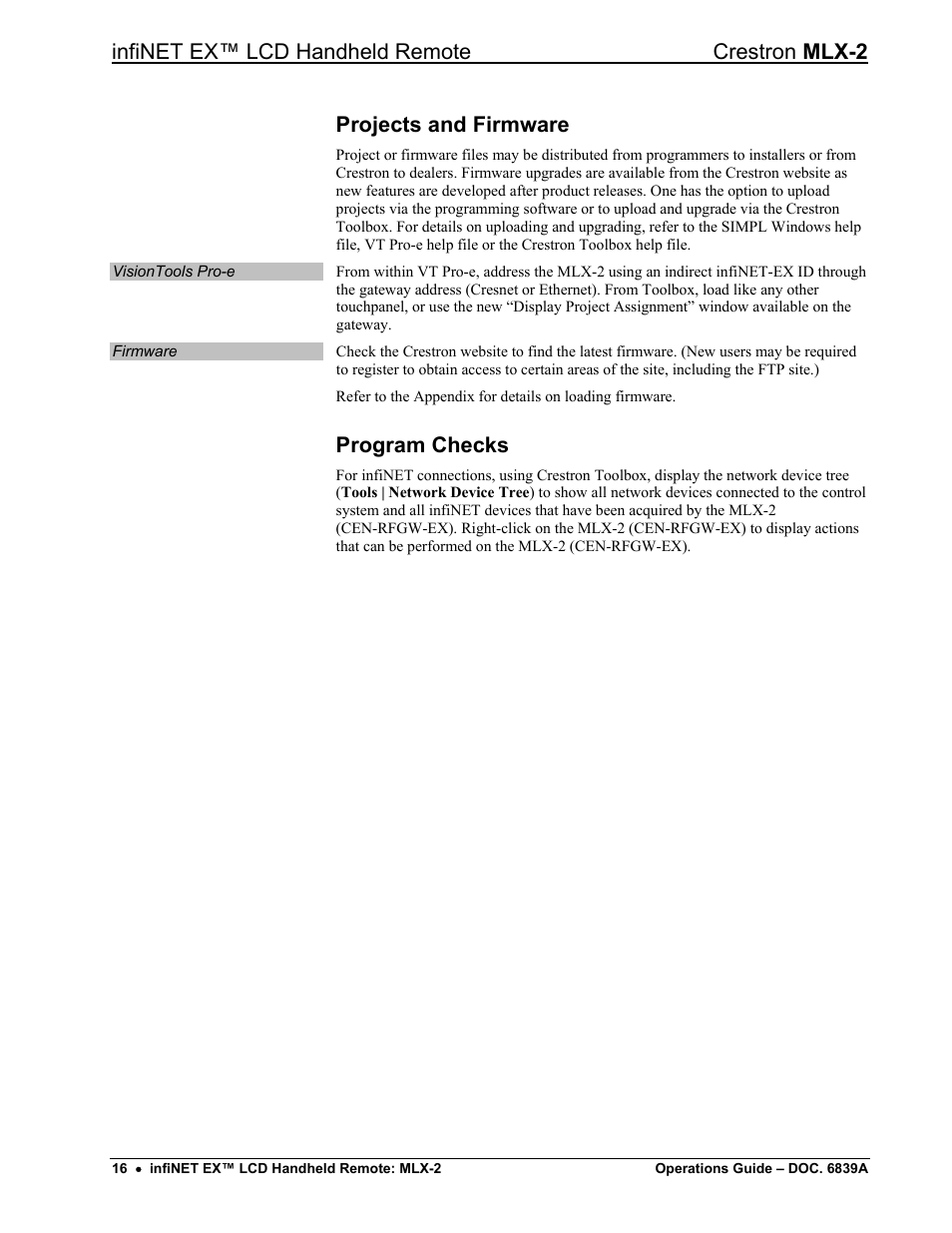Projects and firmware, Program checks, Infinet ex™ lcd handheld remote crestron mlx-2 | Crestron electronic infiNET EX MLX-2 User Manual | Page 20 / 28