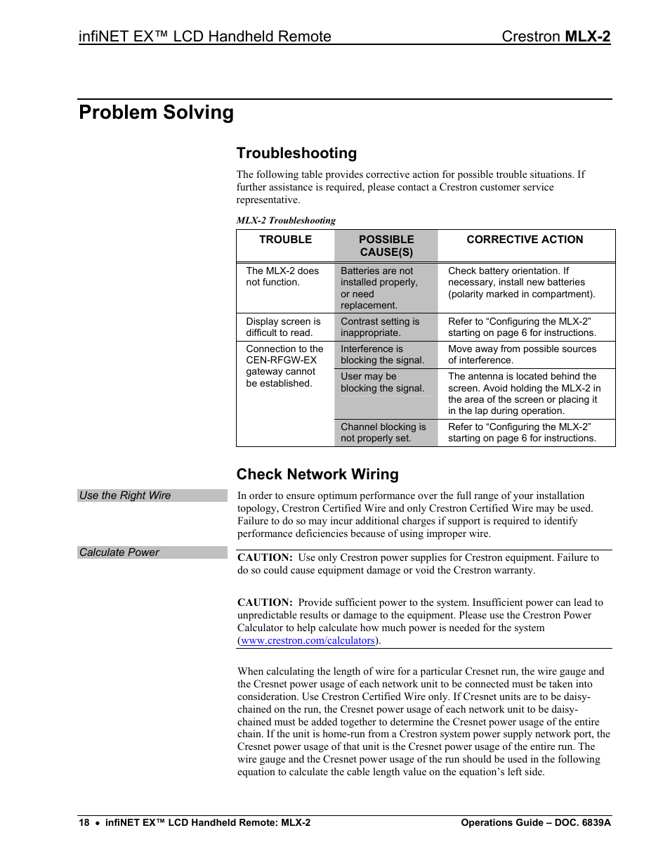 Problem solving, Troubleshooting, Check network wiring | Reference documents, Further inquiries, Future updates, Infinet ex™ lcd handheld remote crestron mlx-2 | Crestron electronic infiNET EX MLX-2 User Manual | Page 22 / 28