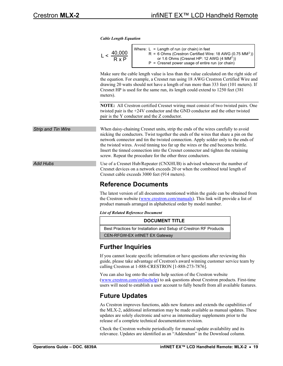 Reference documents, Further inquiries, Future updates | Crestron mlx-2 infinet ex™ lcd handheld remote | Crestron electronic infiNET EX MLX-2 User Manual | Page 23 / 28