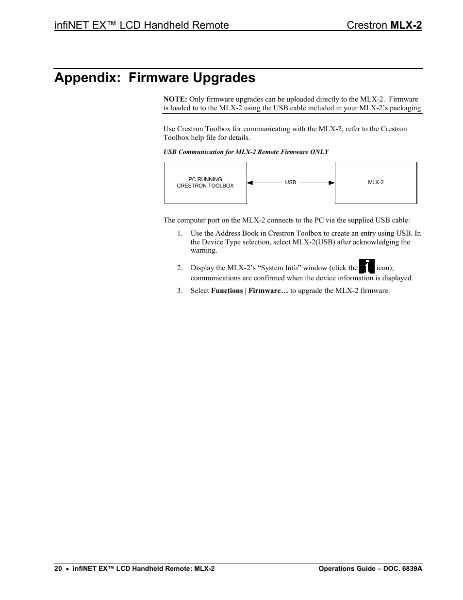 Appendix: firmware upgrades, Infinet ex™ lcd handheld remote crestron mlx-2 | Crestron electronic infiNET EX MLX-2 User Manual | Page 24 / 28