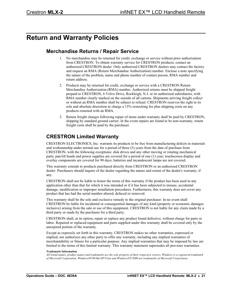 Return and warranty policies, Merchandise returns / repair service, Crestron limited warranty | Crestron mlx-2 infinet ex™ lcd handheld remote | Crestron electronic infiNET EX MLX-2 User Manual | Page 25 / 28