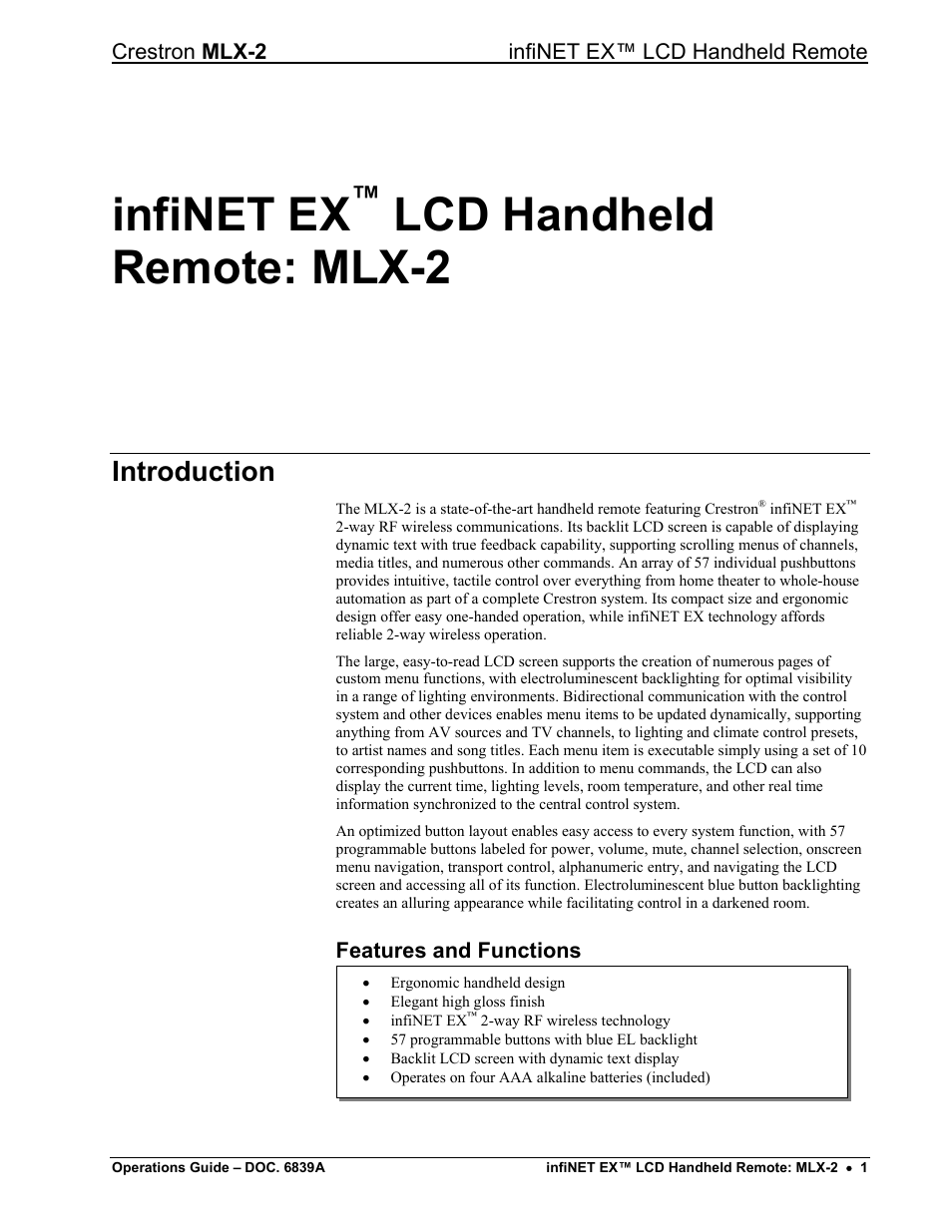 Infinet ex™ lcd handheld remote: mlx-2, Introduction, Features and functions | Infinet ex, Lcd handheld remote: mlx-2 | Crestron electronic infiNET EX MLX-2 User Manual | Page 5 / 28