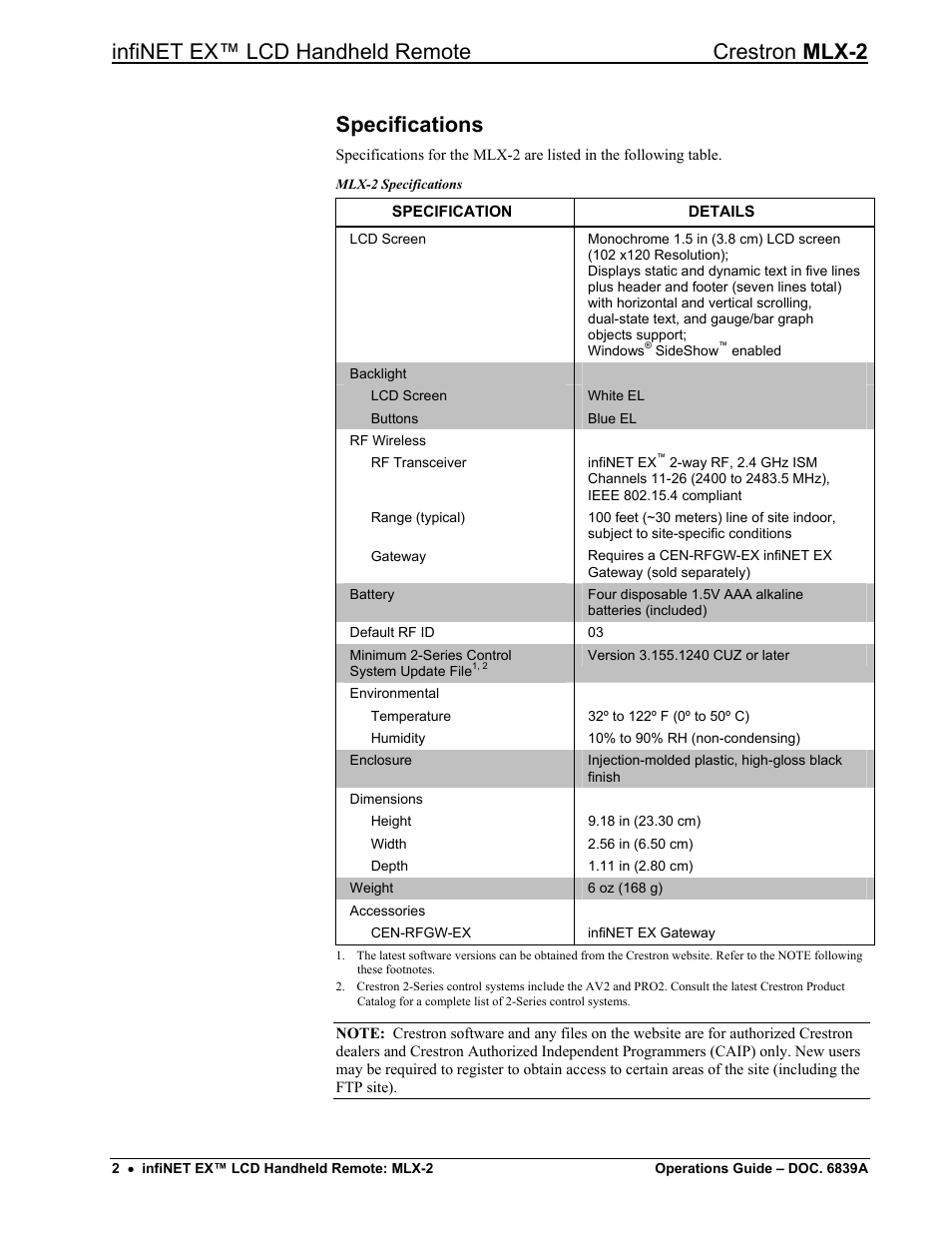 Specifications, Infinet ex™ lcd handheld remote crestron mlx-2 | Crestron electronic infiNET EX MLX-2 User Manual | Page 6 / 28