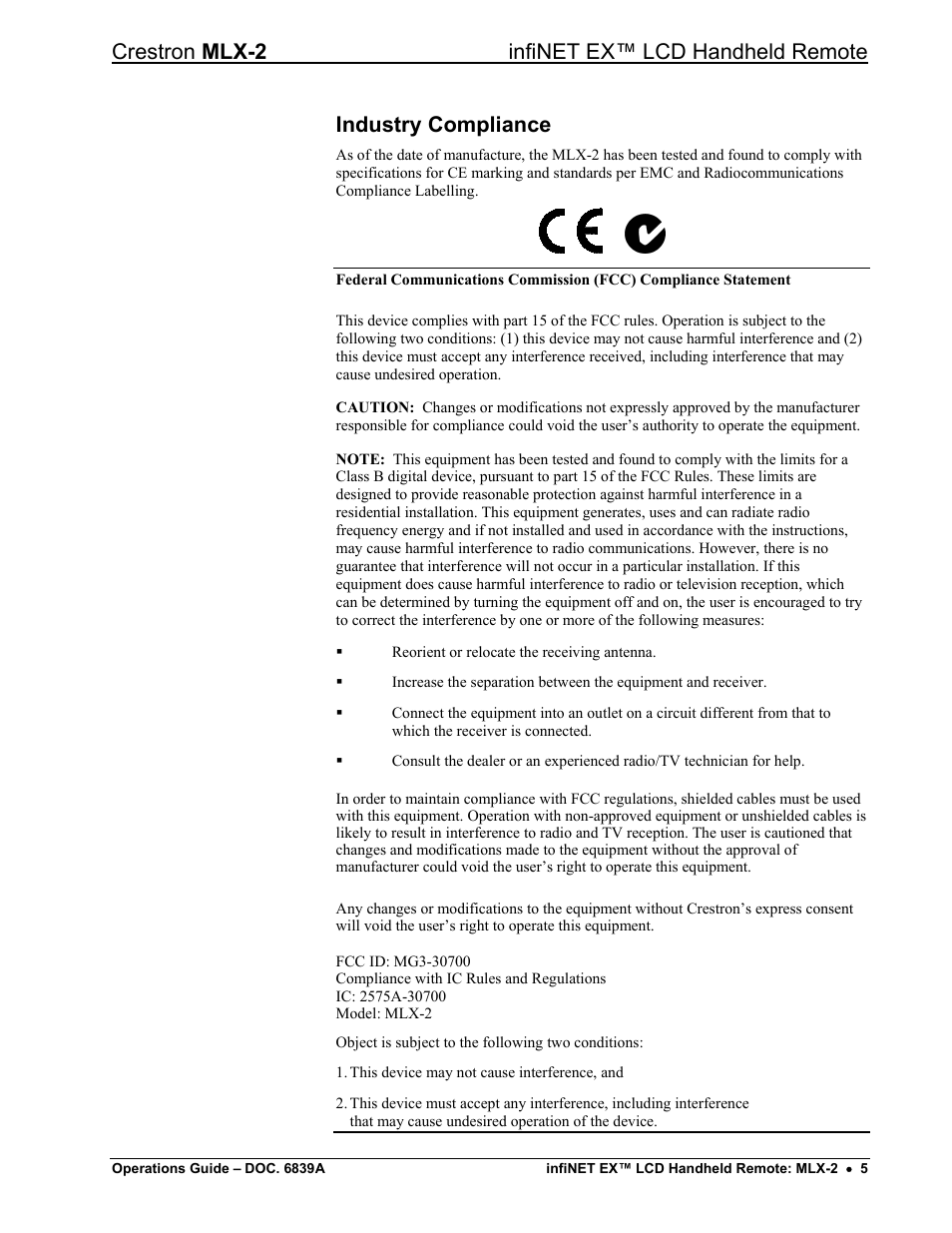 Industry compliance, Crestron mlx-2 infinet ex™ lcd handheld remote | Crestron electronic infiNET EX MLX-2 User Manual | Page 9 / 28