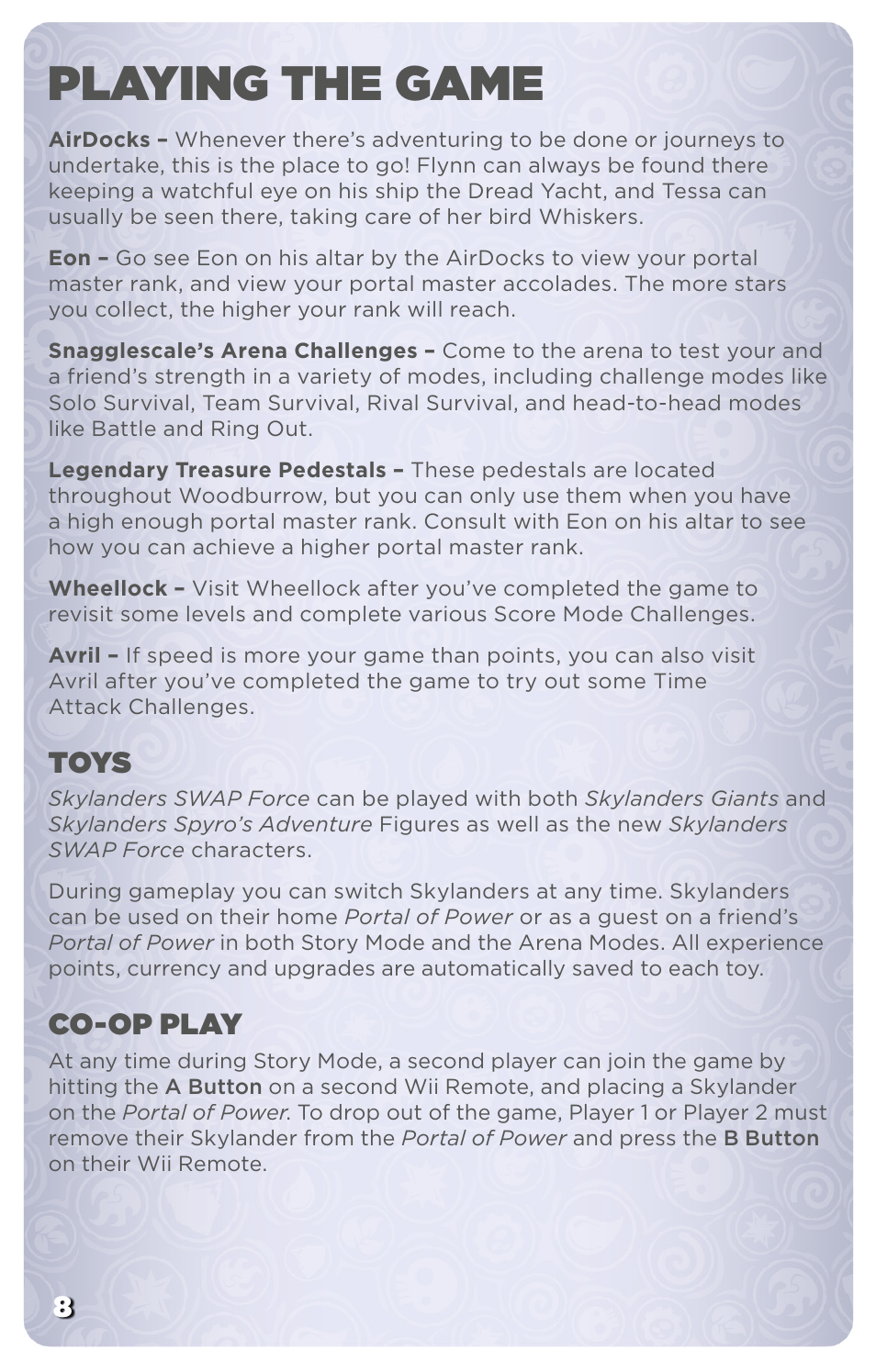 Playing the game, Toys, Co-op play | Activision Skylanders SWAP Force User Manual | Page 10 / 13