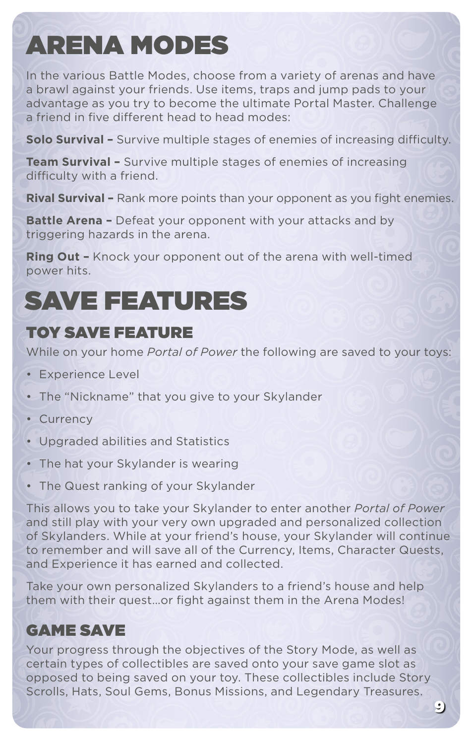 Arena modes save features, Toy save feature, Game save | Activision Skylanders SWAP Force User Manual | Page 11 / 13