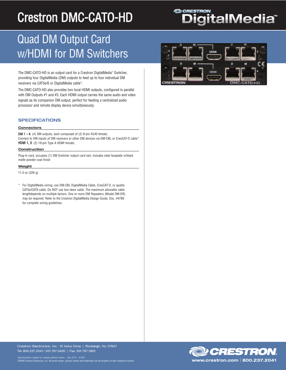 Crestron electronic DigitalMedia DMC-CATO-HD User Manual | 1 page