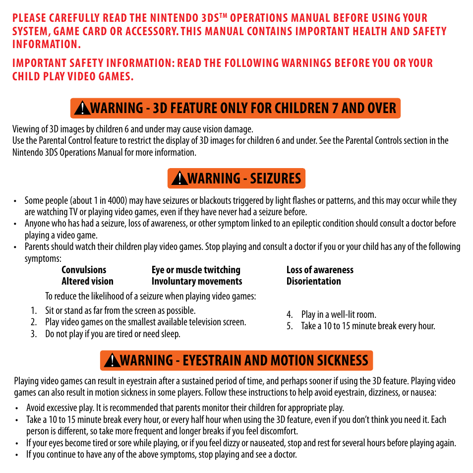 Warning - 3d feature only for children 7 and over, Warning - eyestrain and motion sickness, Warning - seizures | Activision Skylanders Spyro's Adventure User Manual | Page 2 / 22