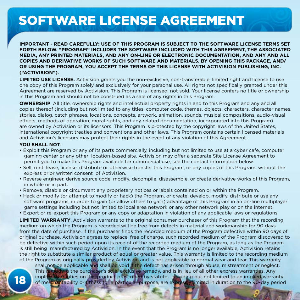 Software license agreement | Activision Skylanders Spyro's Adventure User Manual | Page 20 / 22