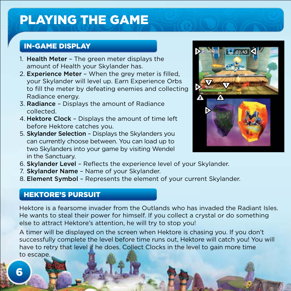 Playing the game, In-game display, Hektore’s pursuit | Activision Skylanders Spyro's Adventure User Manual | Page 8 / 22