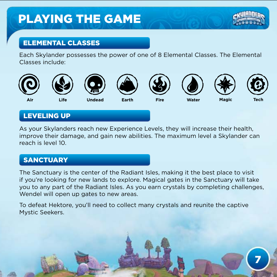 Playing the game, Elemental classes leveling up sanctuary | Activision Skylanders Spyro's Adventure User Manual | Page 9 / 22