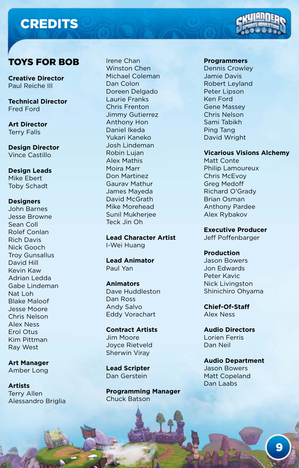Credits, Toys for bob | Activision Skylanders Spyro's Adventure User Manual | Page 11 / 24