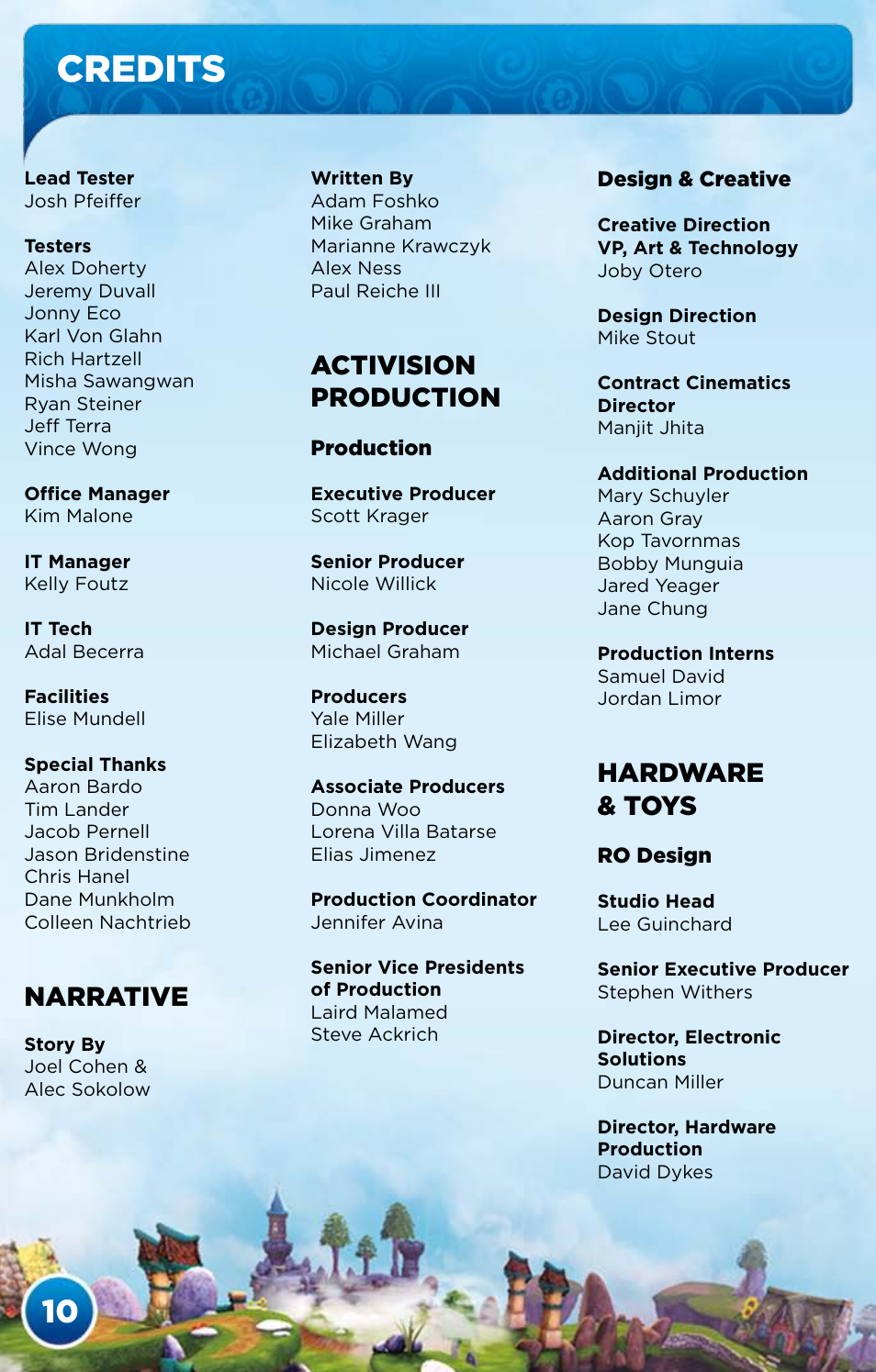 Credits, Narrative, Activision production | Hardware & toys | Activision Skylanders Spyro's Adventure User Manual | Page 12 / 24