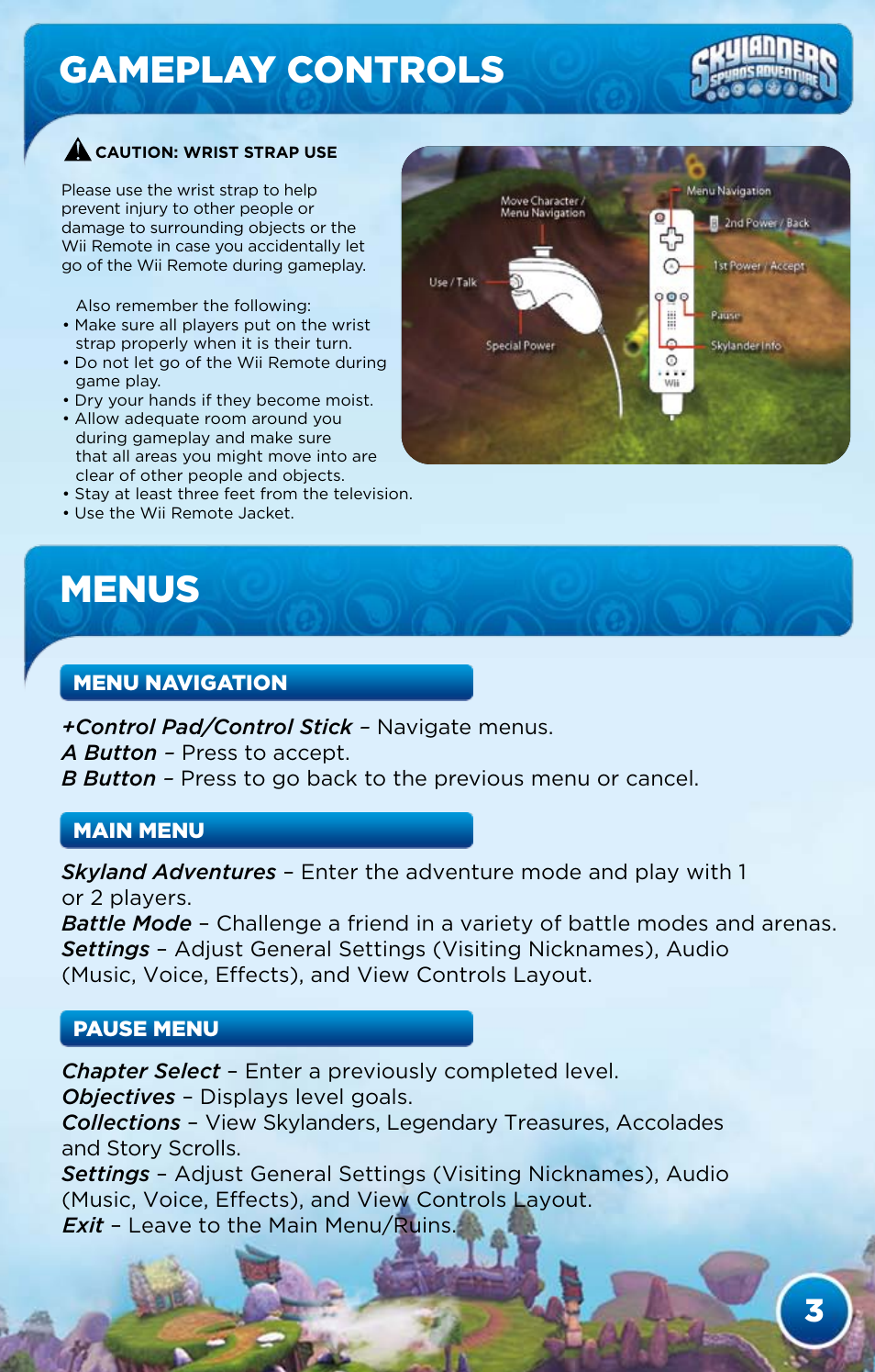 Gameplay controls menus | Activision Skylanders Spyro's Adventure User Manual | Page 5 / 24