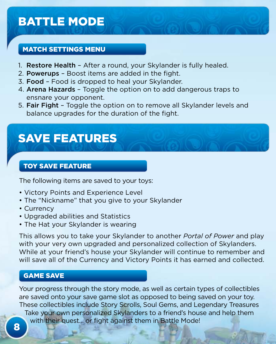 Battle mode save features | Activision Skylanders Spyro's Adventure User Manual | Page 10 / 30