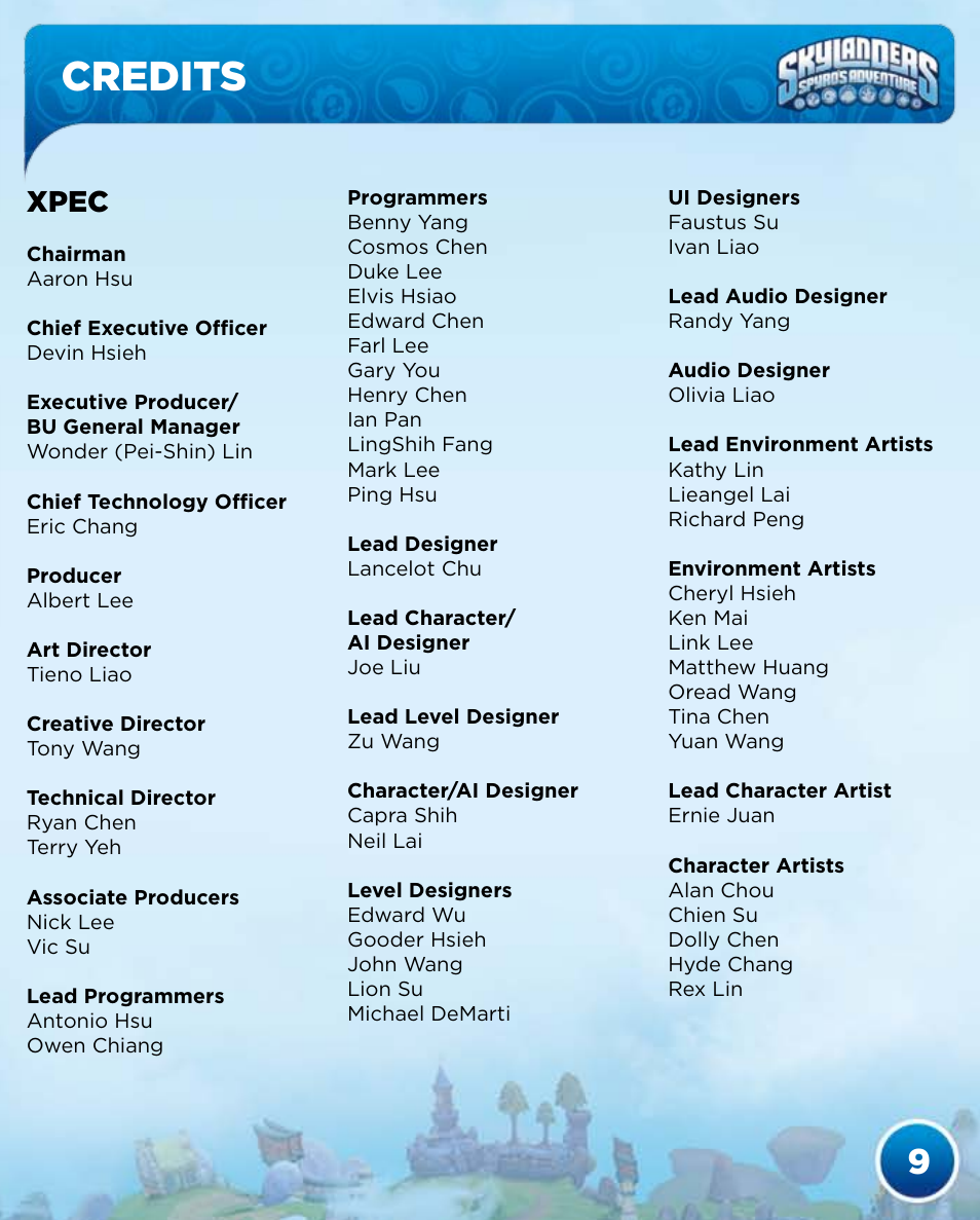 Credits, Xpec | Activision Skylanders Spyro's Adventure User Manual | Page 11 / 30