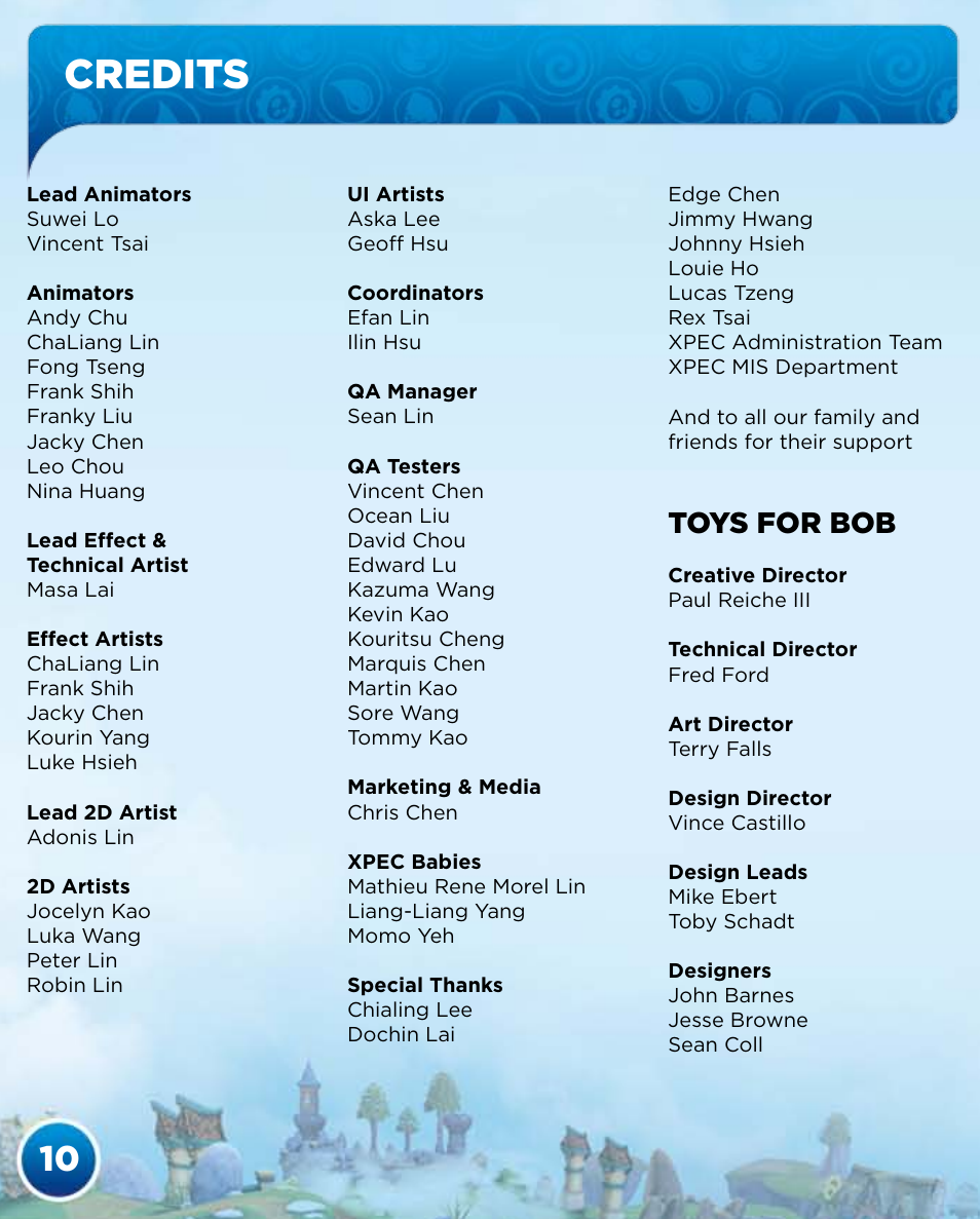 Credits, Toys for bob | Activision Skylanders Spyro's Adventure User Manual | Page 12 / 30