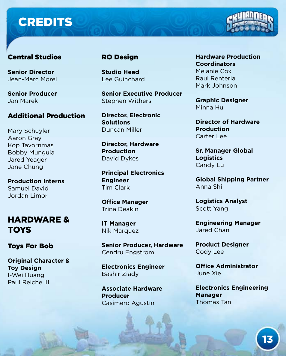 Credits, Hardware & toys | Activision Skylanders Spyro's Adventure User Manual | Page 15 / 30