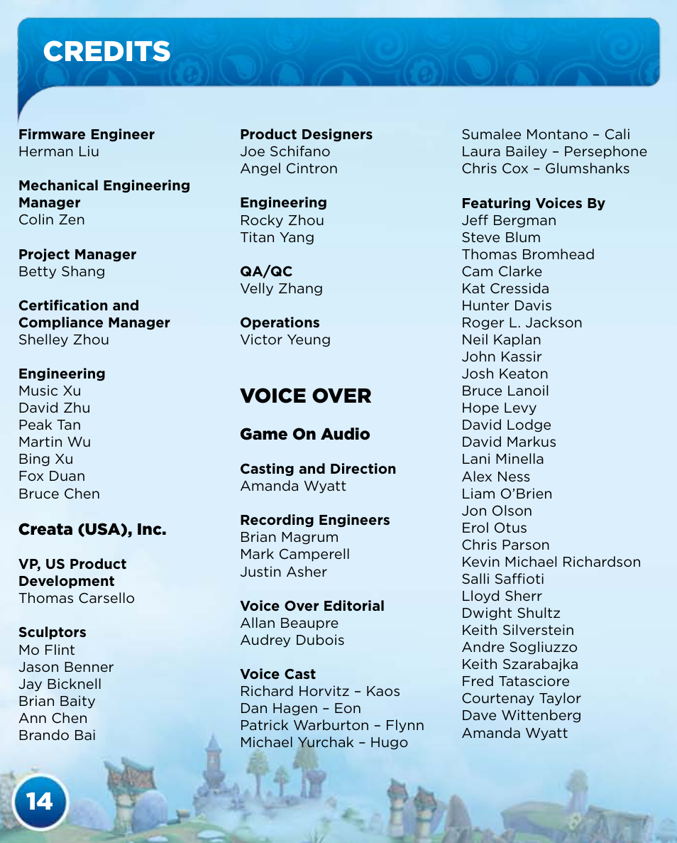 Credits, Voice over | Activision Skylanders Spyro's Adventure User Manual | Page 16 / 30