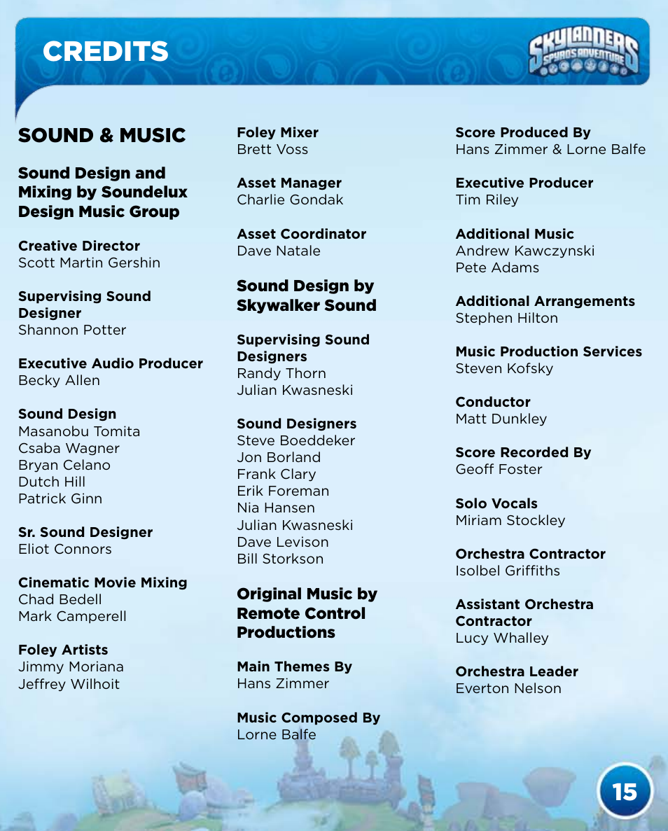 Credits, Sound & music | Activision Skylanders Spyro's Adventure User Manual | Page 17 / 30