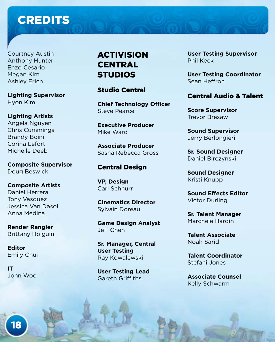 Credits, Activision central studios | Activision Skylanders Spyro's Adventure User Manual | Page 20 / 30