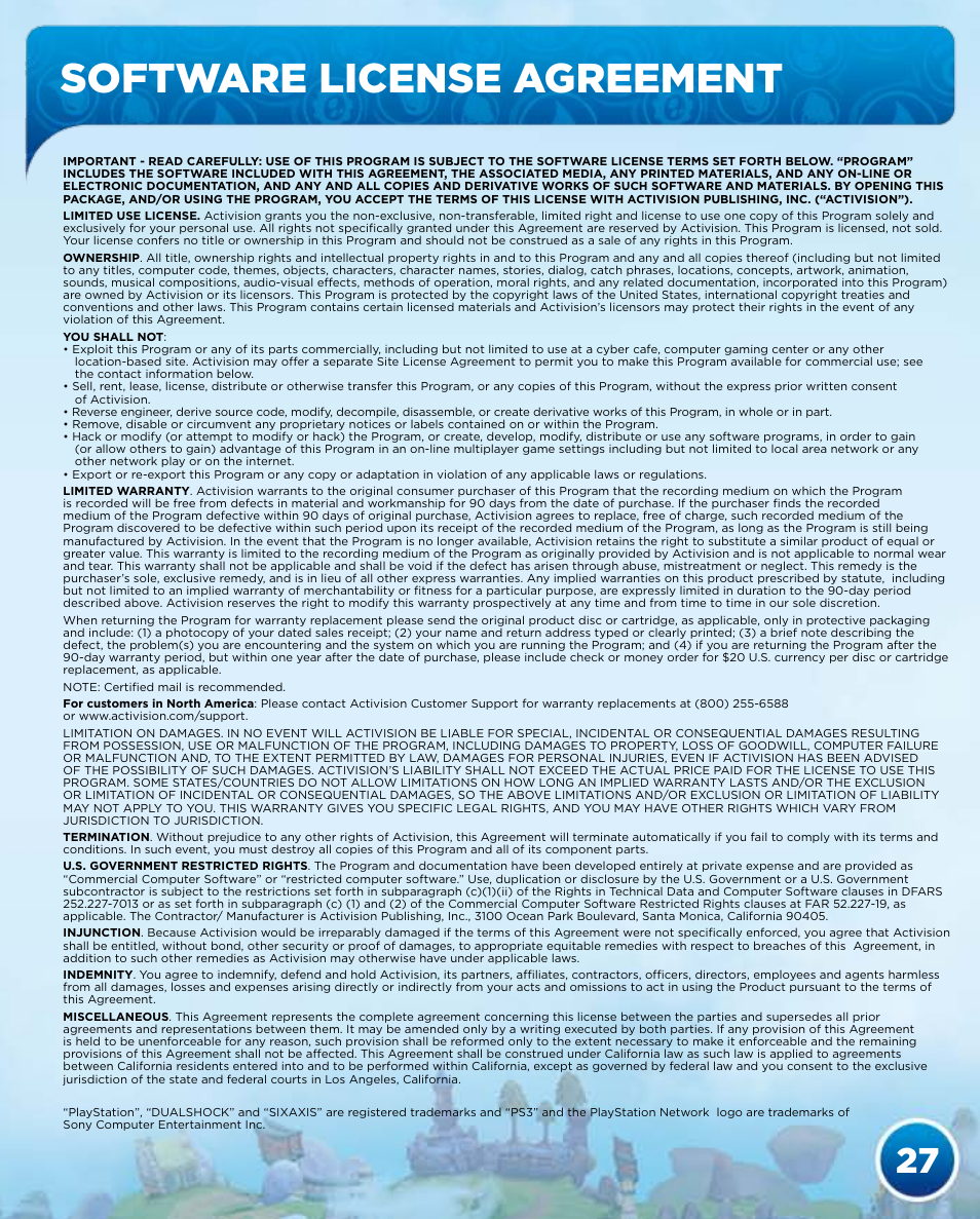 Software license agreement | Activision Skylanders Spyro's Adventure User Manual | Page 29 / 30