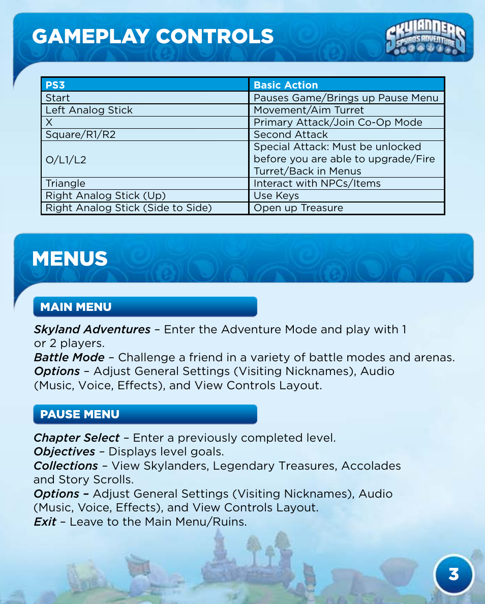 Gameplay controls menus | Activision Skylanders Spyro's Adventure User Manual | Page 5 / 30