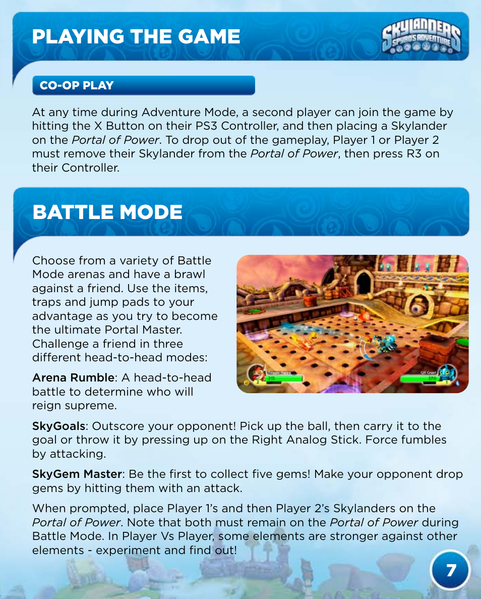 Playing the game, Battle mode | Activision Skylanders Spyro's Adventure User Manual | Page 9 / 30