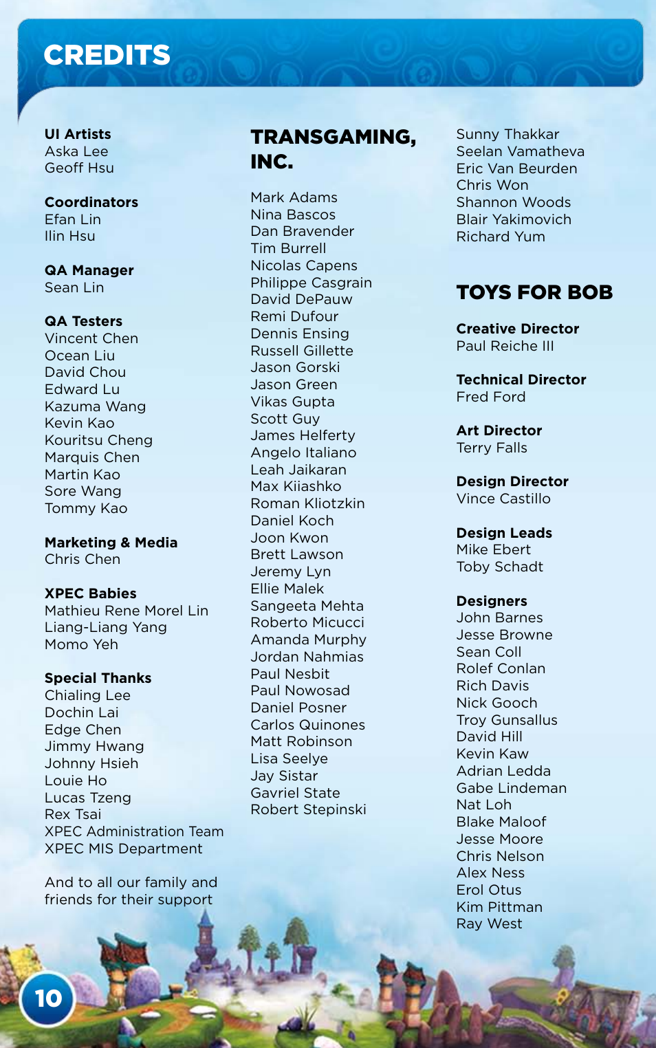 Credits, Transgaming, inc, Toys for bob | Activision Skylanders Spyro's Adventure User Manual | Page 12 / 26