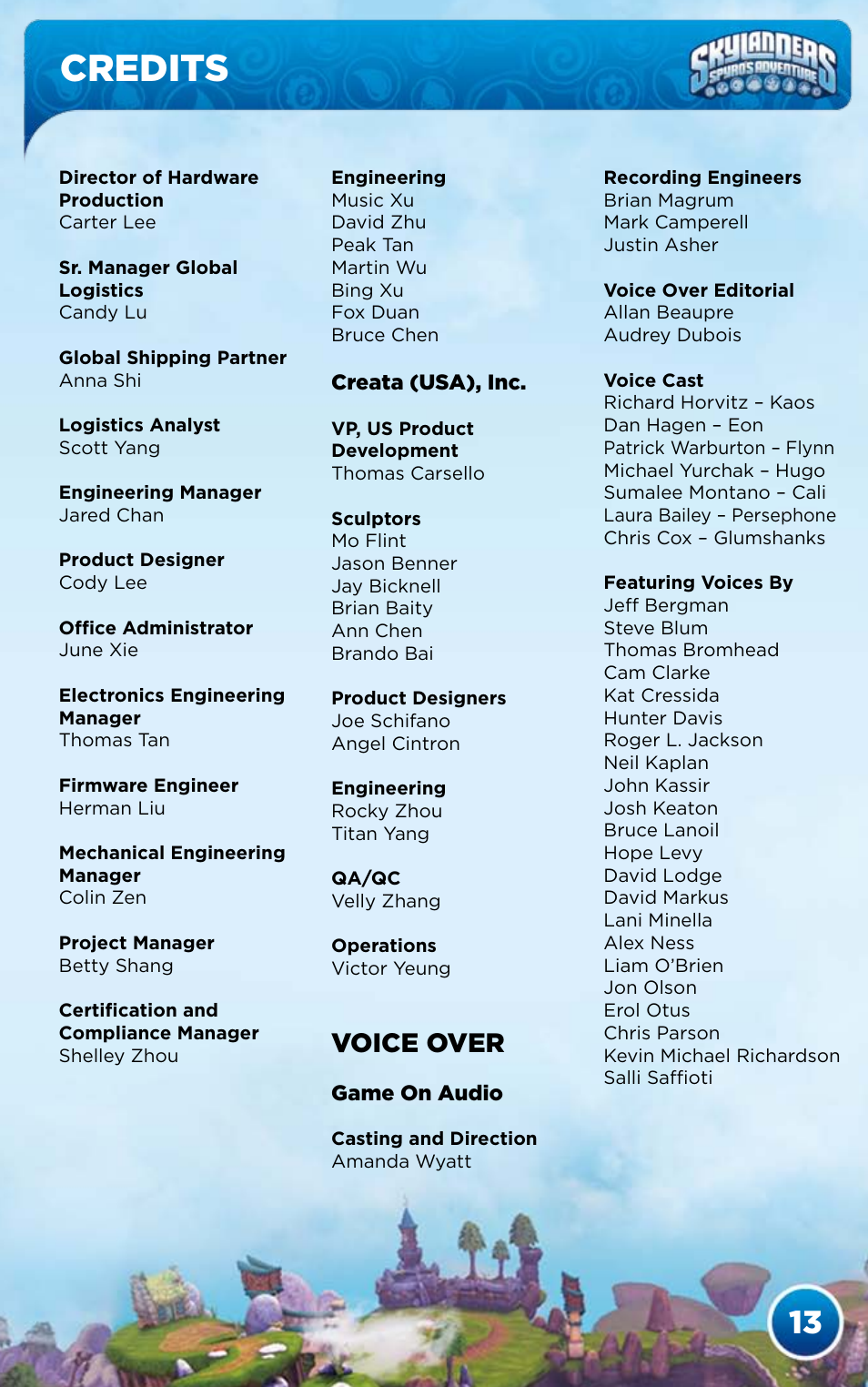 Credits, Voice over | Activision Skylanders Spyro's Adventure User Manual | Page 15 / 26