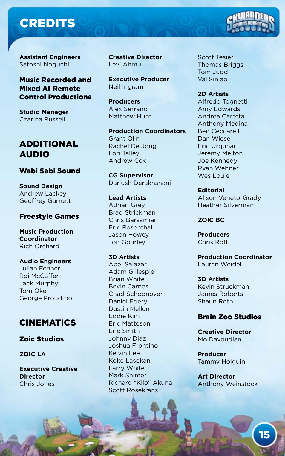 Credits, Additional audio, Cinematics | Activision Skylanders Spyro's Adventure User Manual | Page 17 / 26