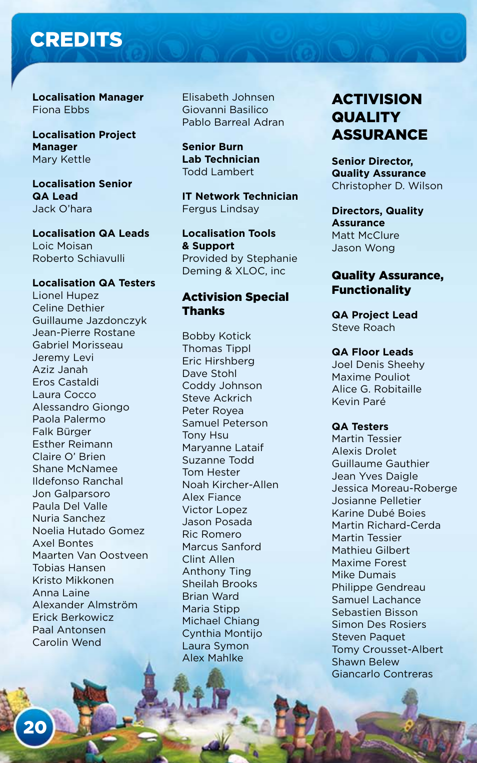 Credits, Activision quality assurance | Activision Skylanders Spyro's Adventure User Manual | Page 22 / 26
