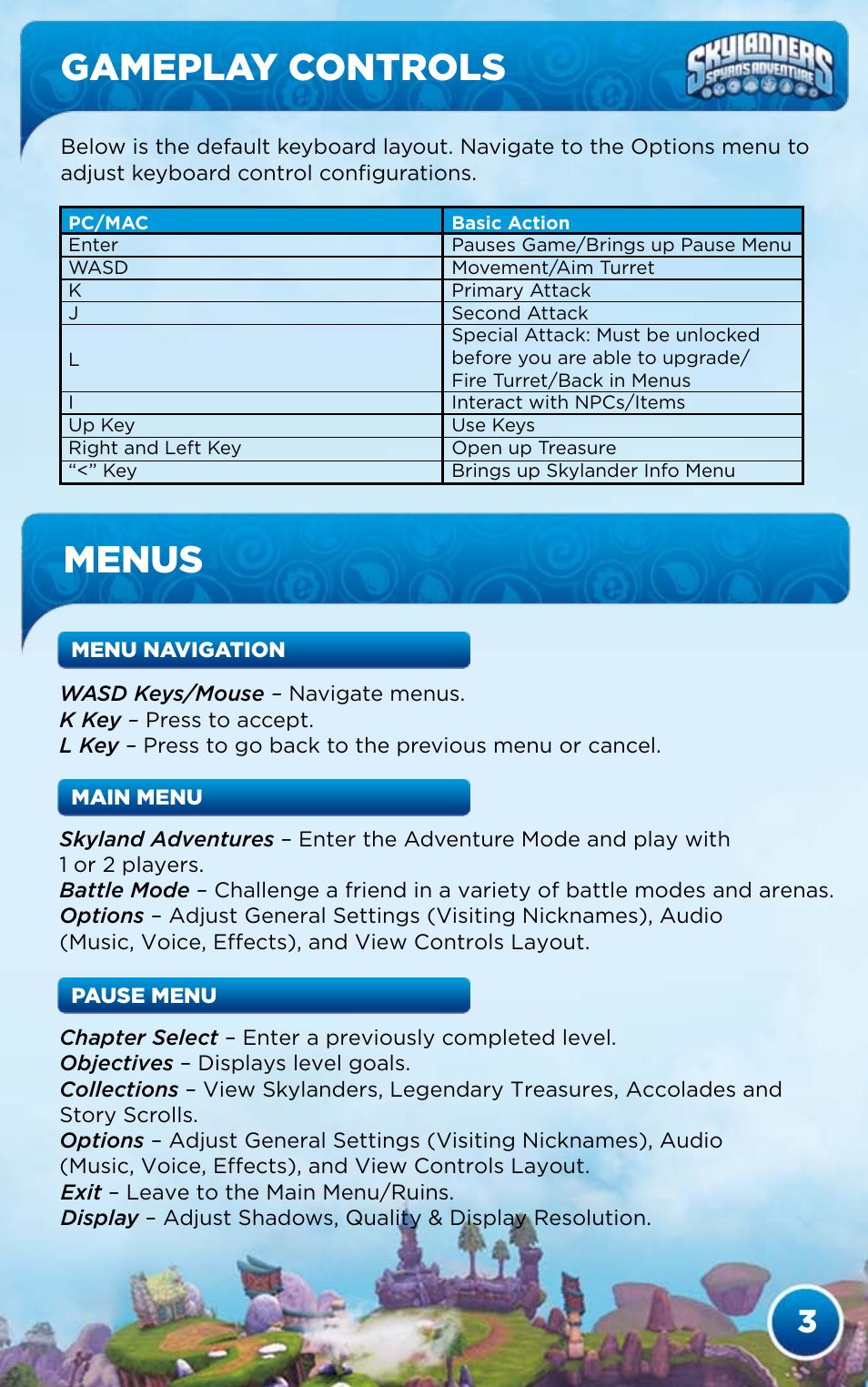 Gameplay controls menus | Activision Skylanders Spyro's Adventure User Manual | Page 5 / 26