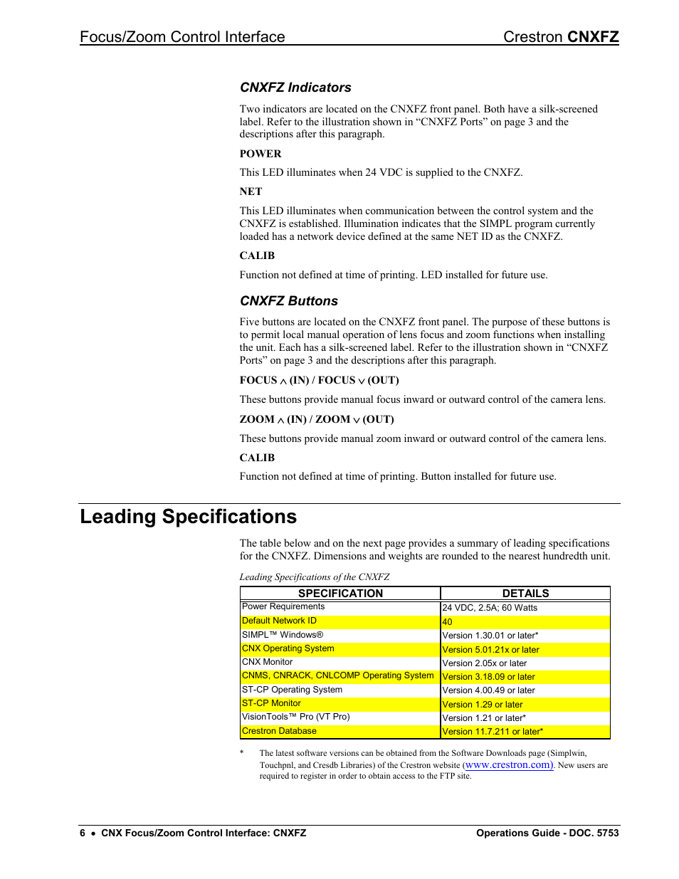 Cnxfz indicators, Cnxfz buttons, Leading specifications | Focus/zoom control interface crestron cnxfz | Crestron electronic CNXFZ User Manual | Page 10 / 24