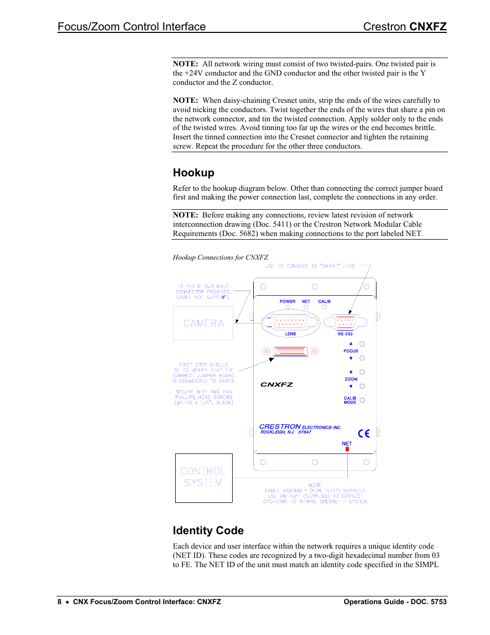 Hookup, Identity code, Focus/zoom control interface crestron cnxfz | Crestron electronic CNXFZ User Manual | Page 12 / 24