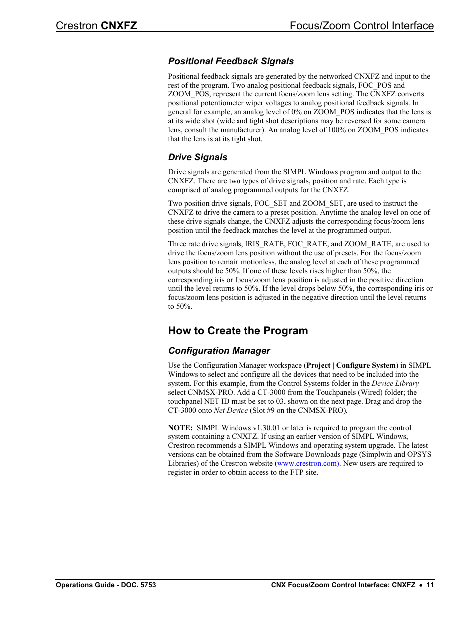Positional feedback signals, Drive signals, How to create the program | Configuration manager, Crestron cnxfz focus/zoom control interface | Crestron electronic CNXFZ User Manual | Page 15 / 24