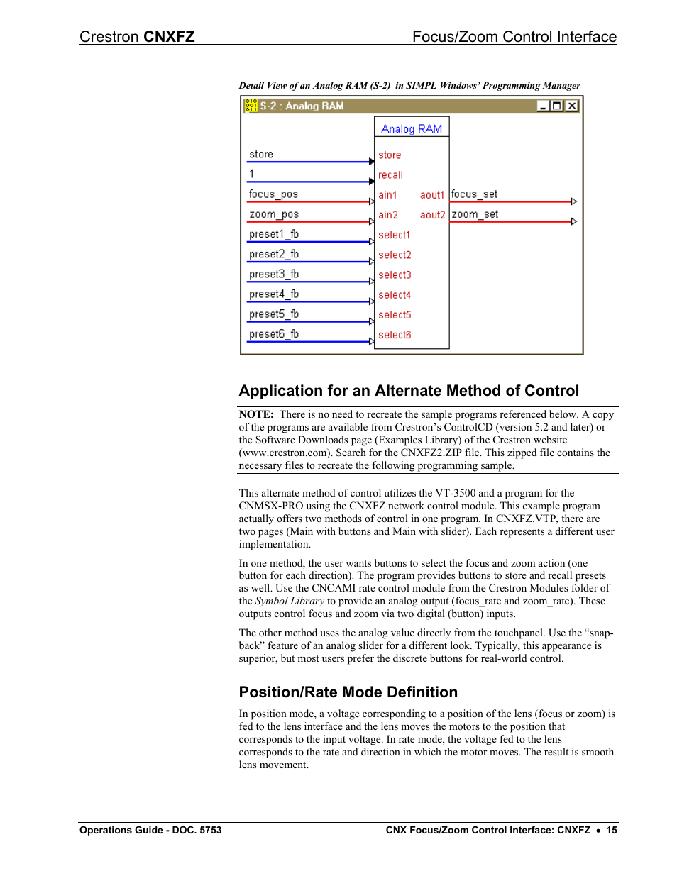 Application for an alternate method of control, Position/rate mode definition, Crestron cnxfz focus/zoom control interface | Crestron electronic CNXFZ User Manual | Page 19 / 24