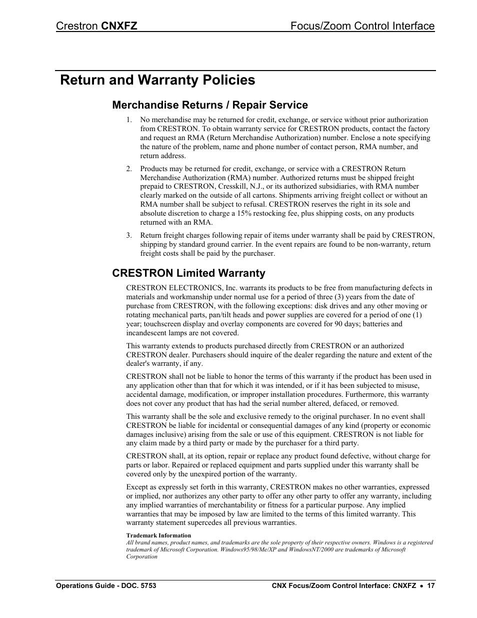 Return and warranty policies, Merchandise returns / repair service, Crestron limited warranty | Crestron cnxfz focus/zoom control interface | Crestron electronic CNXFZ User Manual | Page 21 / 24