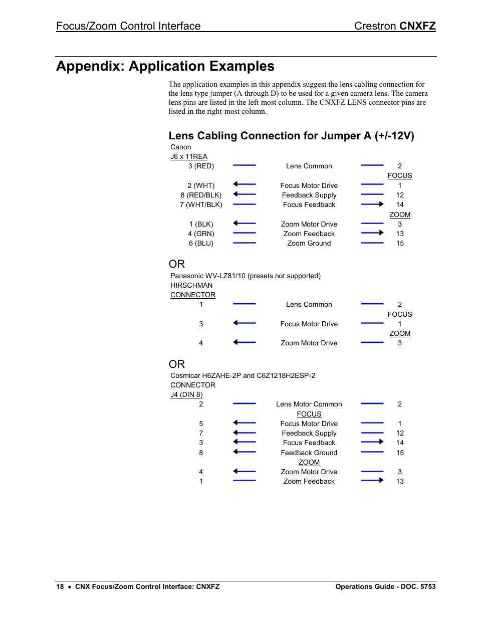 Appendix: application examples, Lens cabling connection for jumper a (+/-12v), Focus/zoom control interface crestron cnxfz | Crestron electronic CNXFZ User Manual | Page 22 / 24