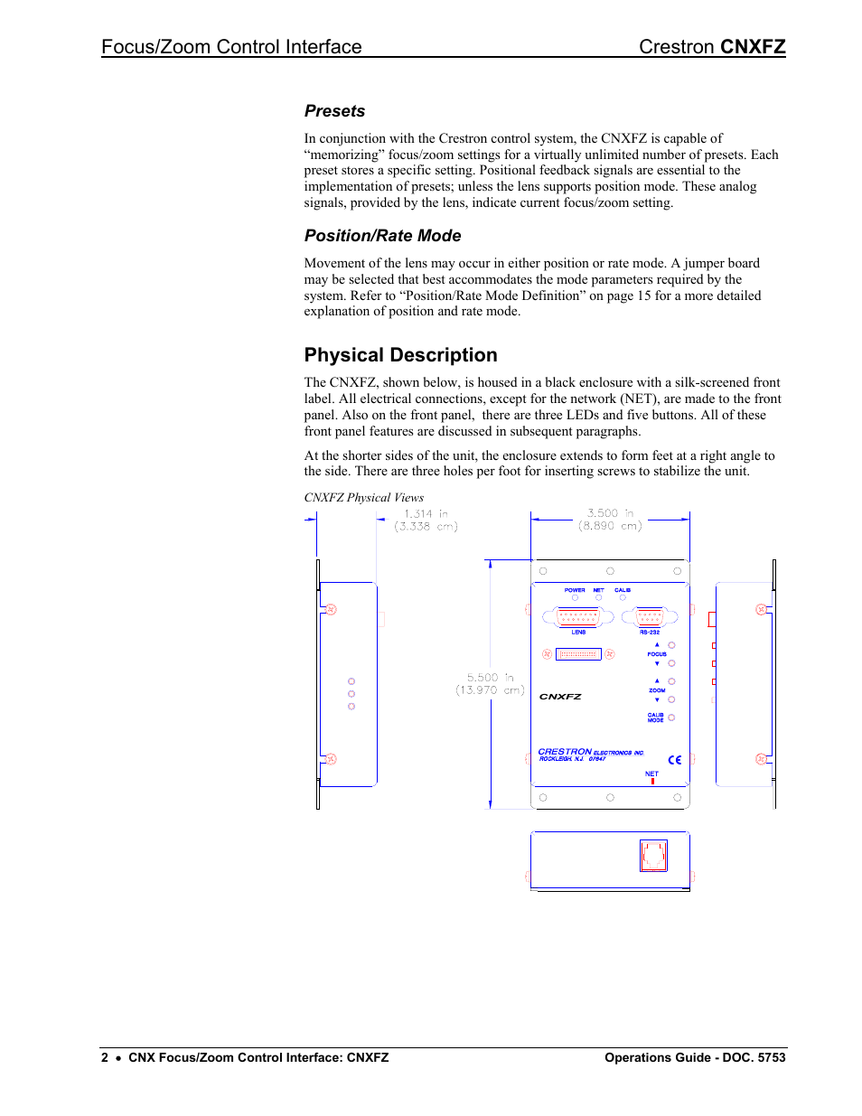 Presets, Position/rate mode, Physical description | Focus/zoom control interface crestron cnxfz | Crestron electronic CNXFZ User Manual | Page 6 / 24