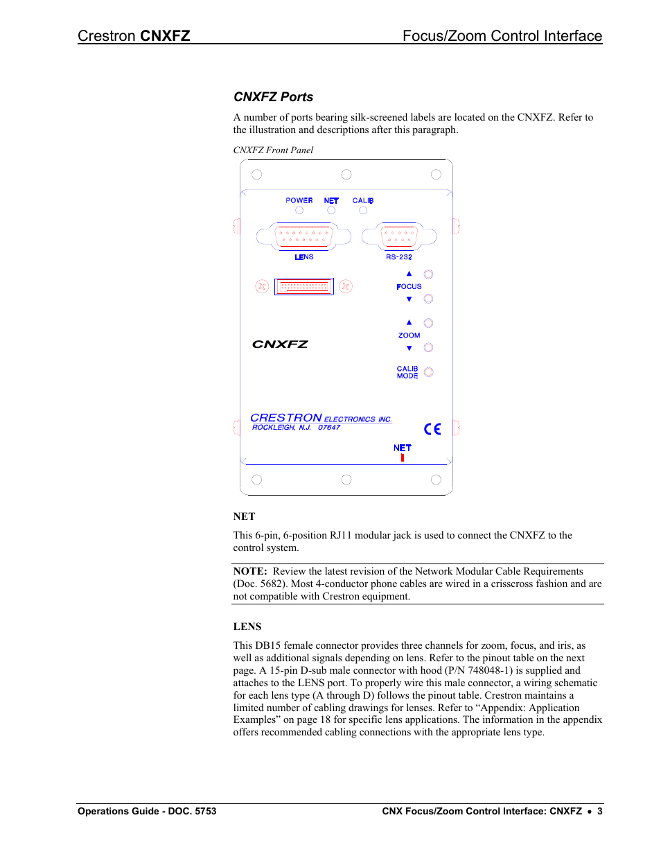 Cnxfz ports, Crestron cnxfz focus/zoom control interface | Crestron electronic CNXFZ User Manual | Page 7 / 24